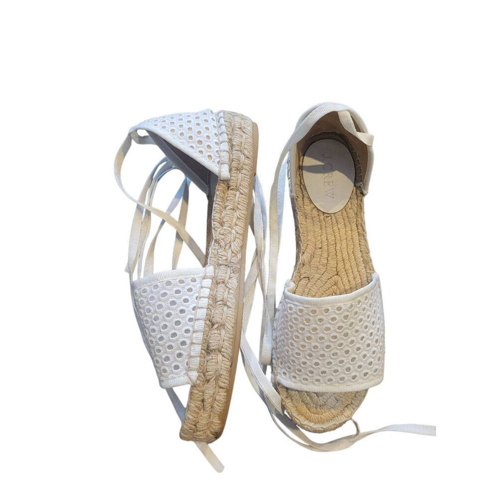 J. Crew Sandals Women's 8 White Eyelet Tie Lace Up Espadrille Flatform Summer - Picture 6 of 6